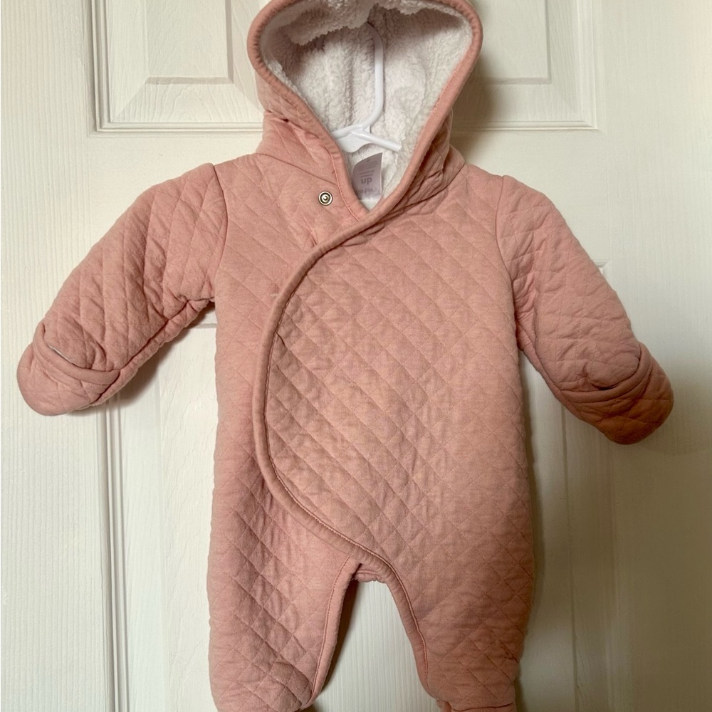 Cute Quilted Pink Hooded Baby One Piece with warm fleece lining Bear ears outfit